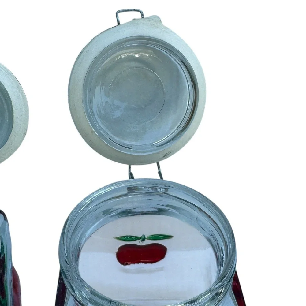 Red Apple Glass Canister Set of 3 Square Jars Vintage Locking Lids Farmhouse